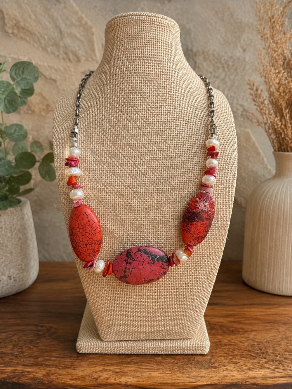 Handmade Coral Red Jasper & Pearl Statement Necklace